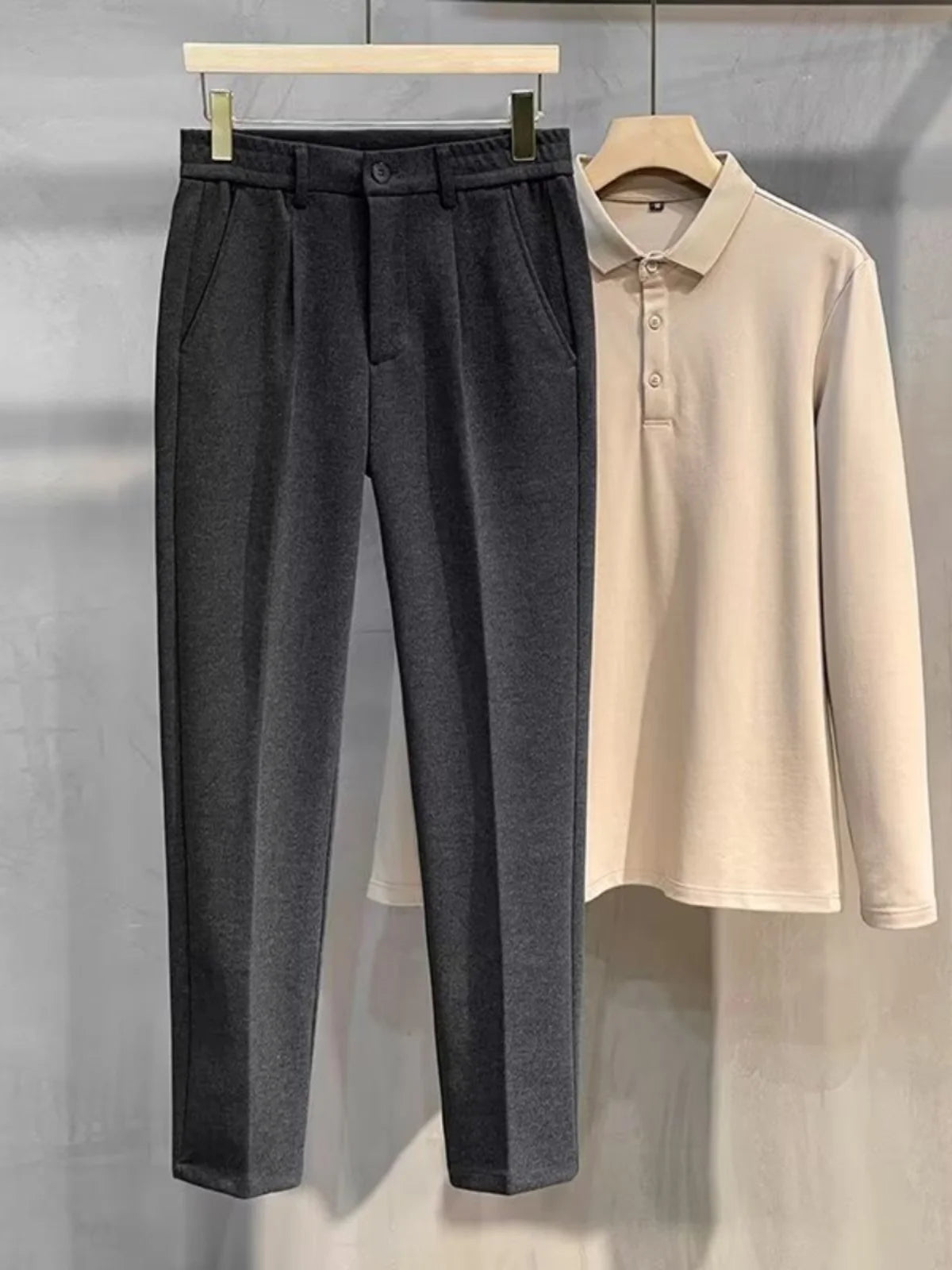 Men's Woolen Straight Leg Thickened Casual Trousers Fashionable Autumn Winter Style mid Waist Pure Color Anti-Wrinkle