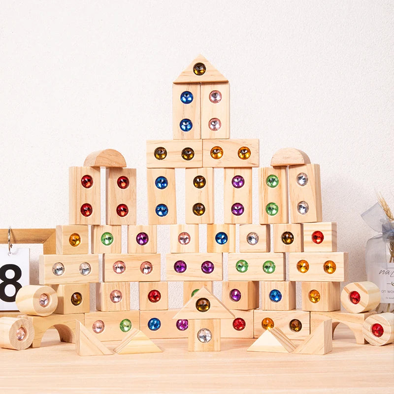 Kids Wooden DIY Blocks Sparkling Acrylic Toy Montessori Rainbow Gem Stacking Blocks Colorful Educational Wooden Creative Toys