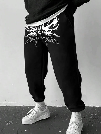 Men's Gothic Sharp Demon Mouth Thorn Print Sweatpants Elastic Waist Soft Fabric Dark Punk Street Hip Hop Joggers