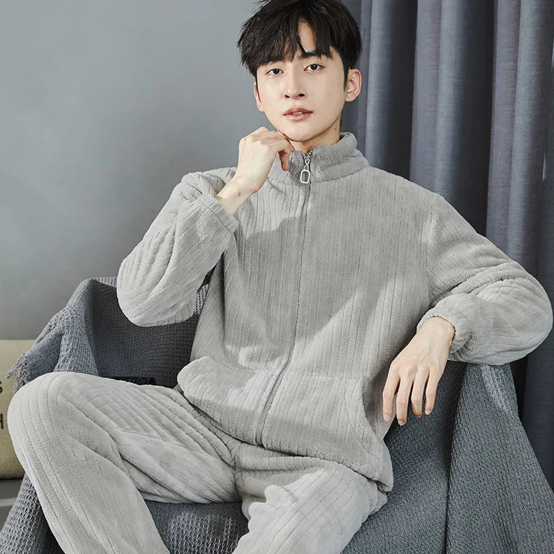 2025 New Couple Sleepwear Men's Autumn Winter Stand Collar Zipper Thick Long Sleeve Coral Fleece Home Clothes Men's Pyjamas