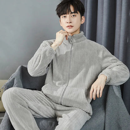 2025 New Couple Sleepwear Men's Autumn Winter Stand Collar Zipper Thick Long Sleeve Coral Fleece Home Clothes Men's Pyjamas