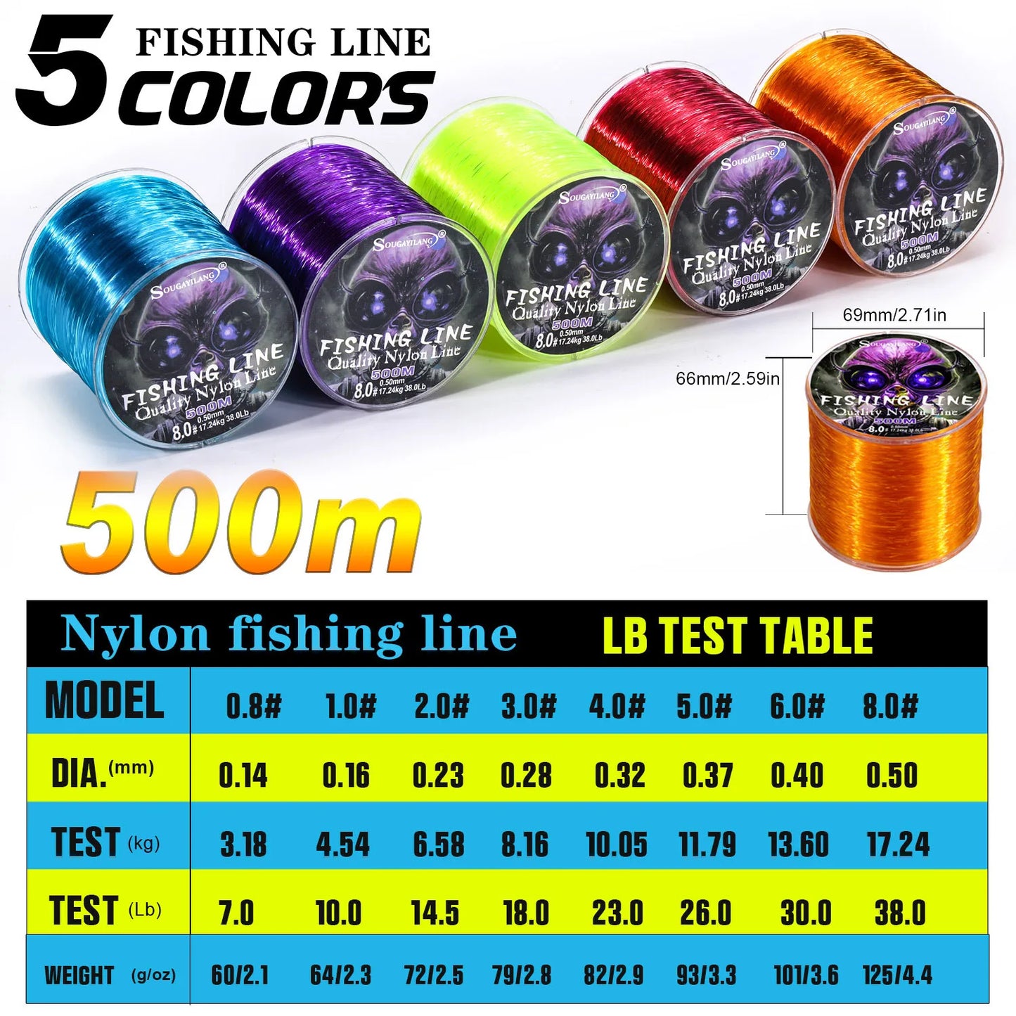 Sougayilang Nylon Fishing Line Strong Tensile and Wear-resistant Fishing Line 500m Capacity Freshwater Saltwater Fishing Line