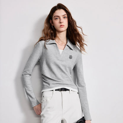 TOYOUTH Women Polo T-Shirt 2026 Spring New Contrast Color Fake Two-Piece Petite Waist-Slimming Slim Fit Top