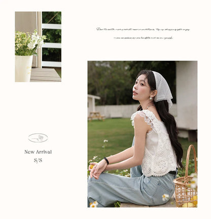 ALXNAN White Tank Tops 2026 Summer Elegant Cotton Women's Camisole Lace Fake Two-piece Design Chic Sleeveless Tops Ladies L53815