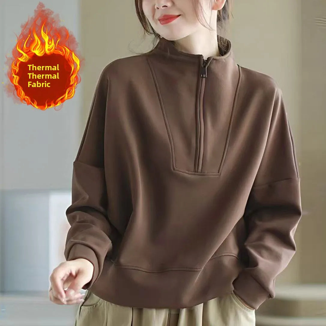 Autumn Winter Hoodie Women Loose Fit Long Sleeve Zipper Stand Collar Casual Slimming Sweatshirt Comfortable Soft Polyester