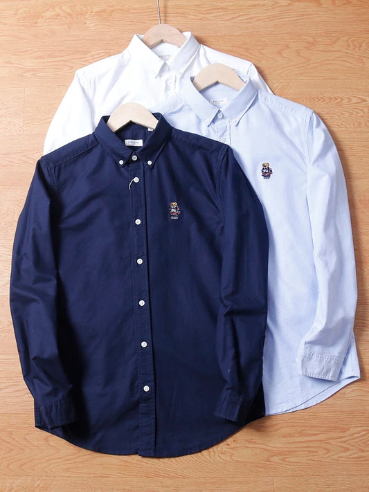 Spring Business Casual Long Sleeve Shirt Men's Cotton Oxford Cloth Embroidery Bear Pattern Inner Wear Trendy Brand Shirt