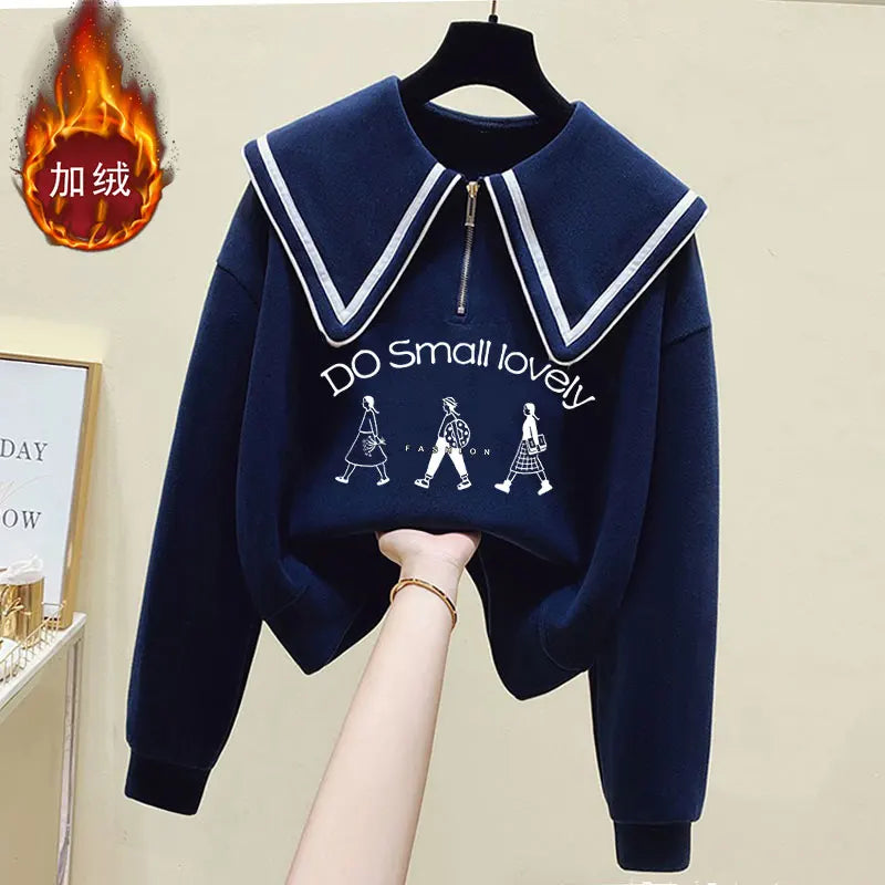 Teenage Girl's Fleece Lined Thickened Navy Collar Sweatshirt Small Size Winter Fashionable Clothing School Sweet Style Zipper