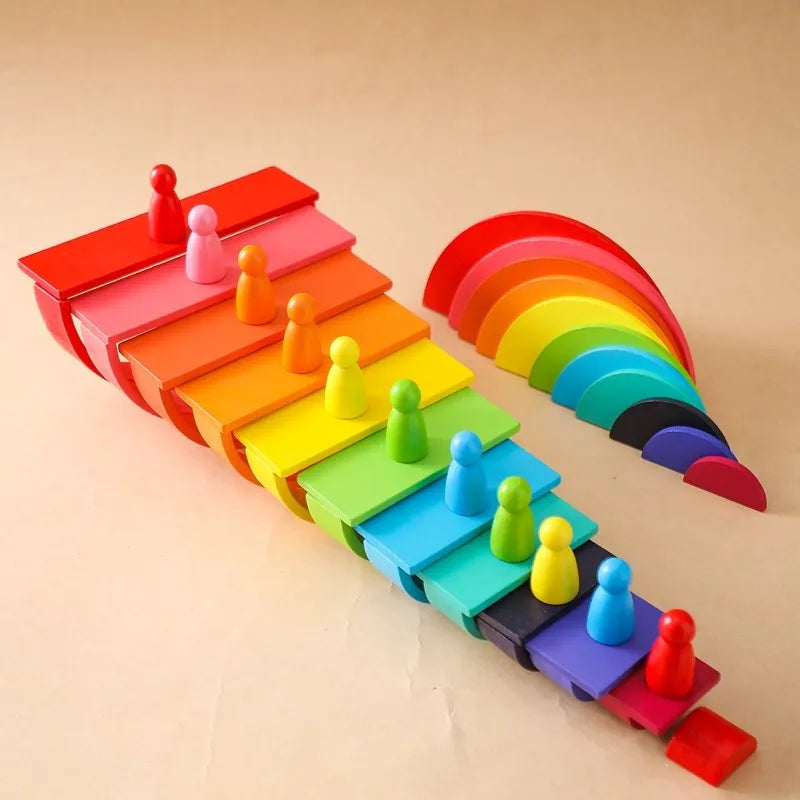 Montessori Wooden Block Toys Baby Building Rainbow Stacking Block Toy for Kids Arch Educational Game Balance Stacking Block Gift