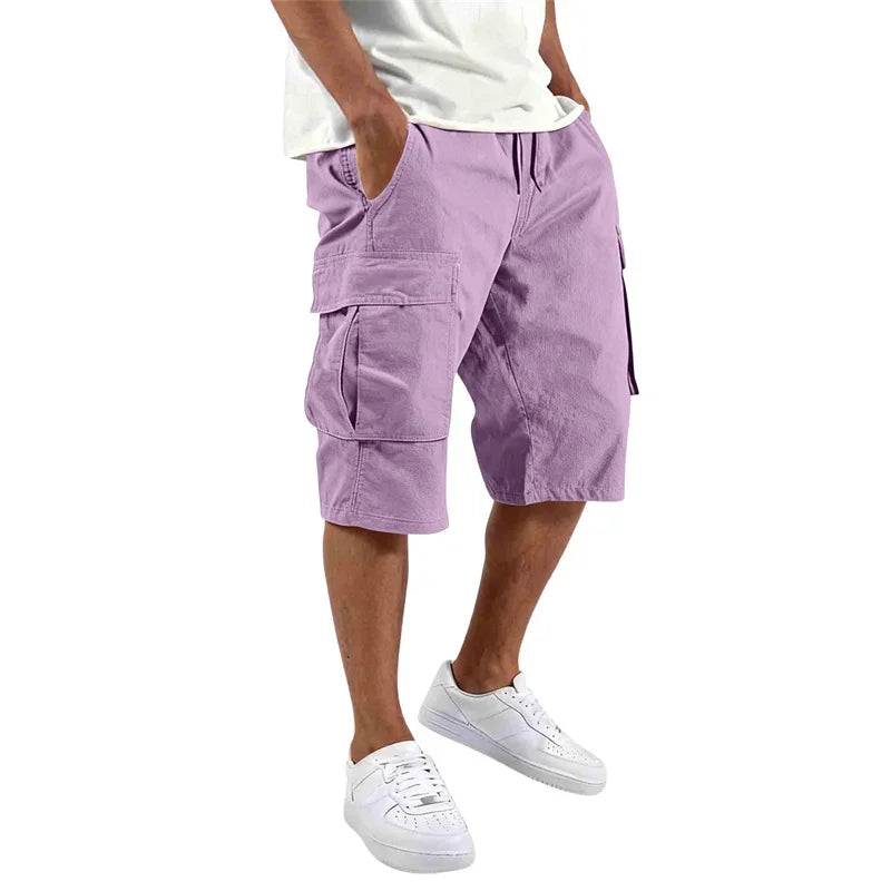 Summer Men Loose Straight Pants Casual Multi-Pocket Shorts Pure Color Fashion Men Shorts Drawstring Daily Cargo Short Pants