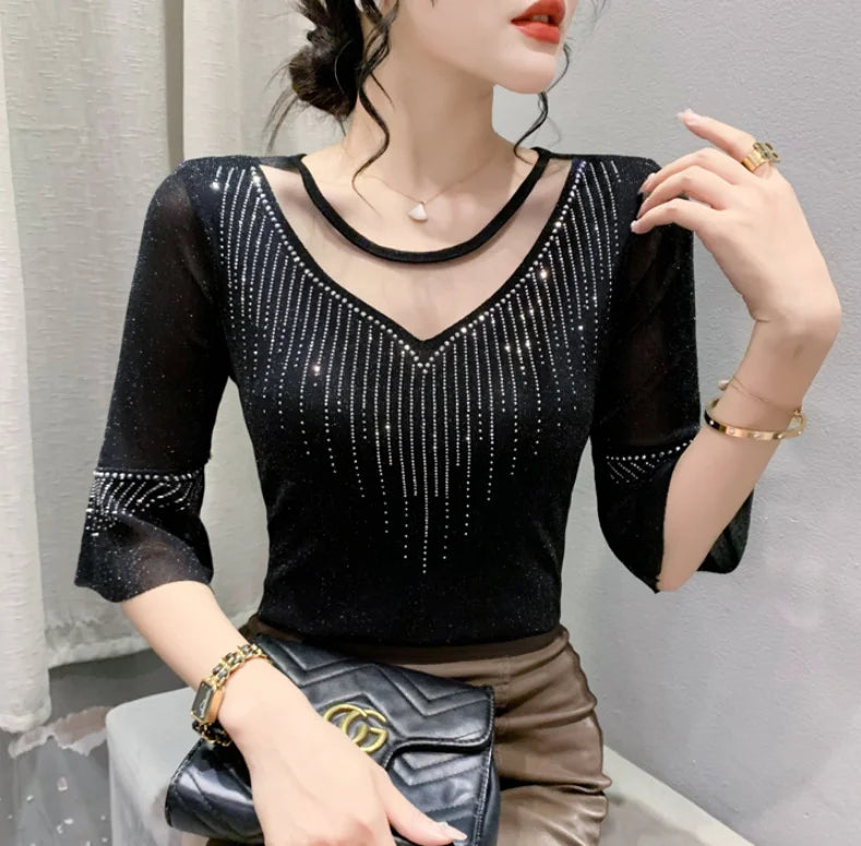 2026 Summer Women Tops New Korean Fashion Diamond Mesh T Shirt V-neck Short Sleeved Patchwork Lace Shirt