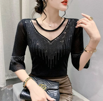 2026 Summer Women Tops New Korean Fashion Diamond Mesh T Shirt V-neck Short Sleeved Patchwork Lace Shirt
