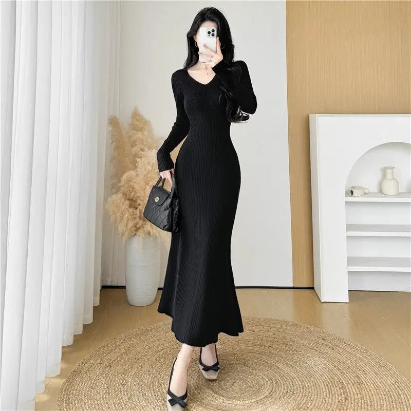 Elegant Knitted Slim Fit Midi Dress for Women Autumn Winter New Style Flocking Base Layer Fish Tail Long Dress