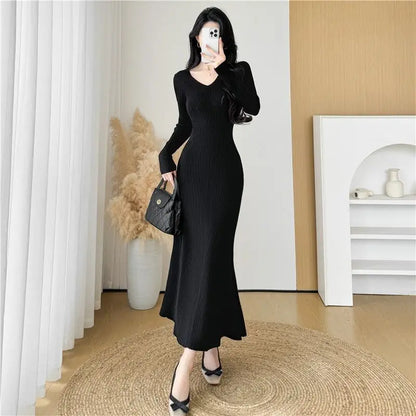 Elegant Knitted Slim Fit Midi Dress for Women Autumn Winter New Style Flocking Base Layer Fish Tail Long Dress