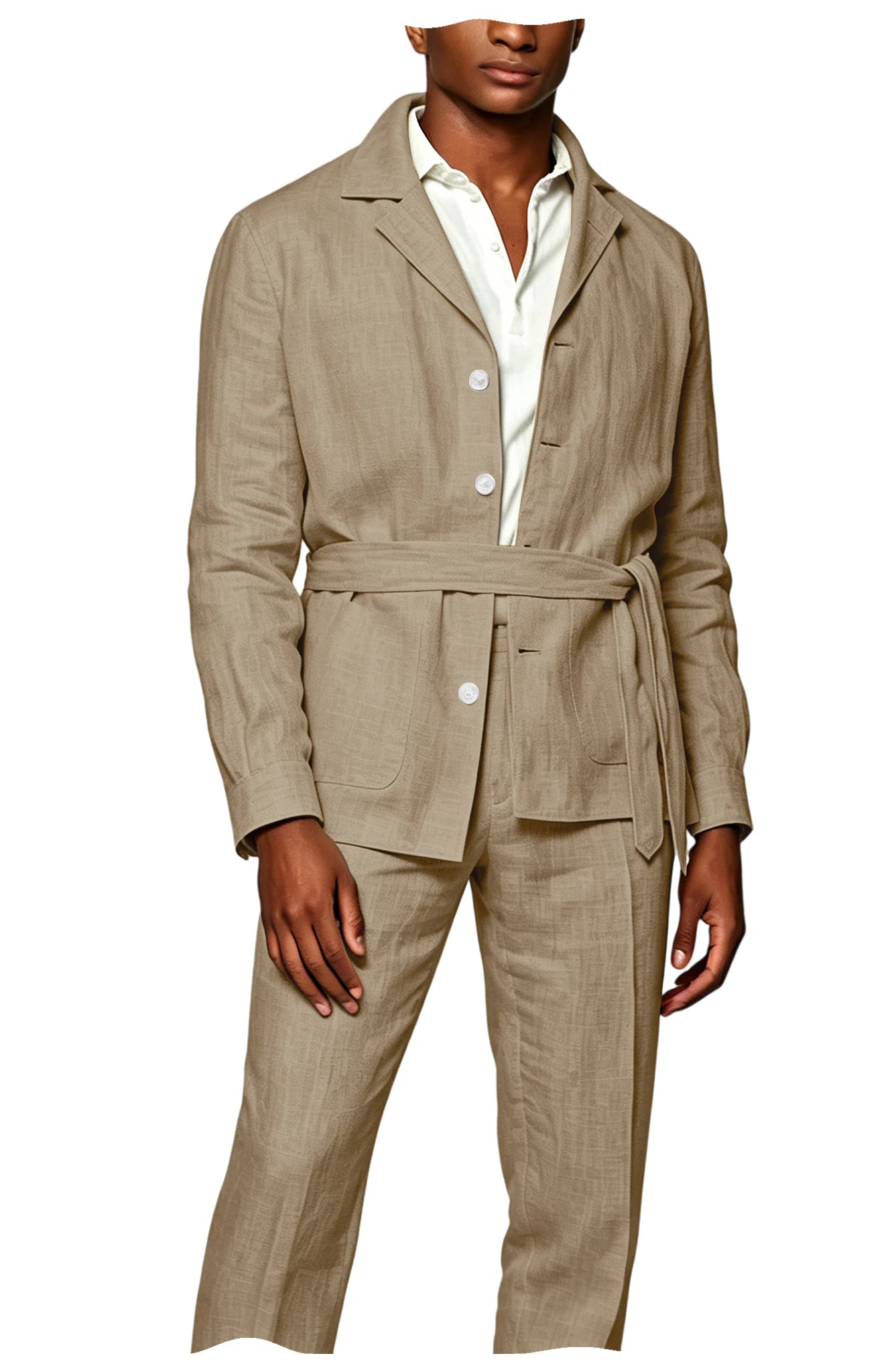 Men's Linen Belted Suit 2 Piece Set Casual Breathable Blazer & Pants Summer Lightweight Business Casual Outfit for Wedding Beach