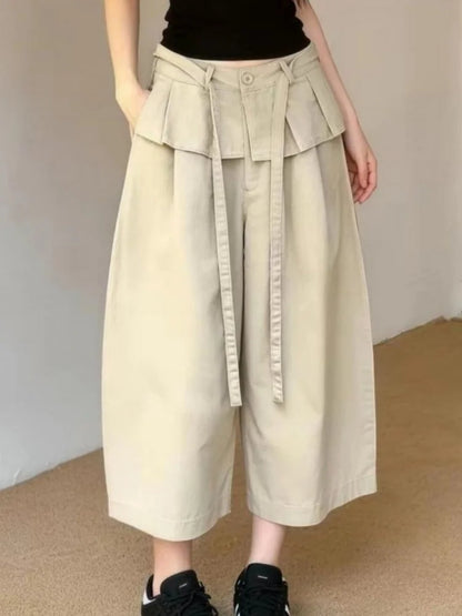 Summer New Korean Style Khaki Design Casual Pants Women plus Size Loose Slimming Nine Points Trousers High Waist Straight Leg