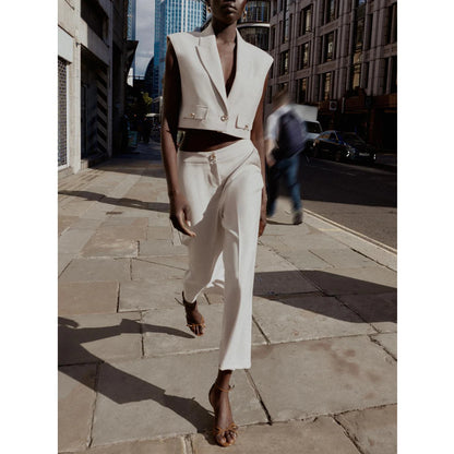 High Waist Wide Leg Pants Zipper Decoration Short Sleeve Turn-down Collar Single Pocket Decoration Fashion Set for Women