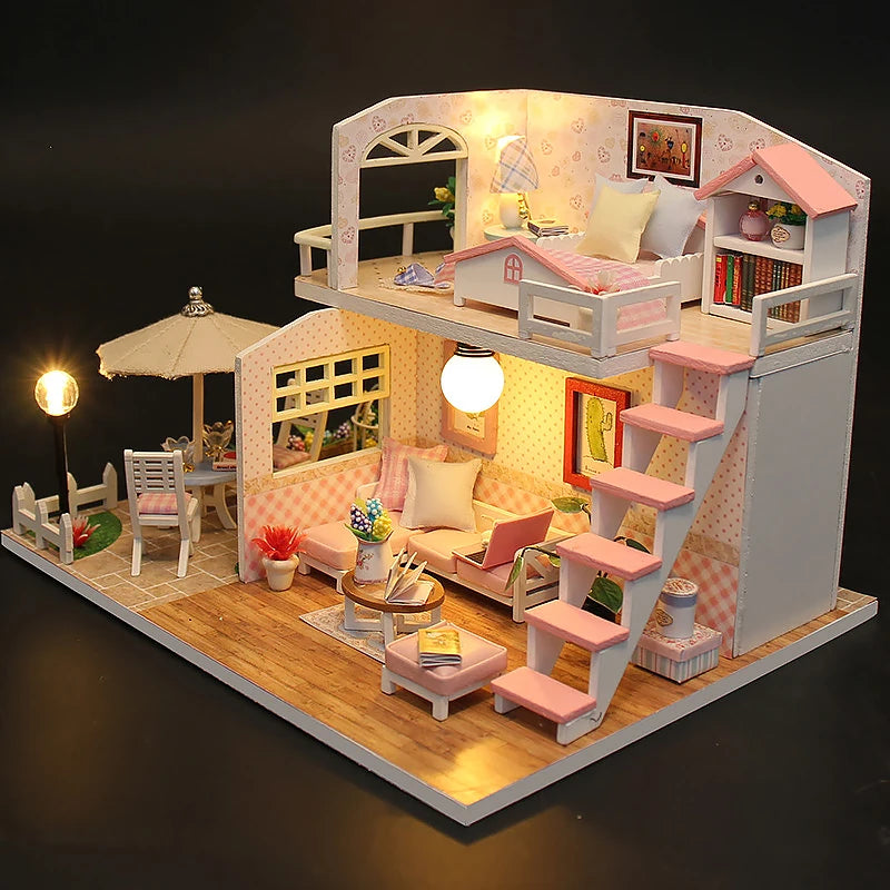 DIY Wooden Building Model Kits Wooden Miniature Doll House Assembled DollHouses Home Decoration Toys For Birthday Gifts