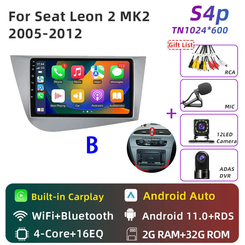 Jundof Car radio For Seat Leon 2 MK2 2005-2012 Carplay Android auto Qualcomm Car stereo Multimedia player 4G Wifi DSP 36EQ RHD