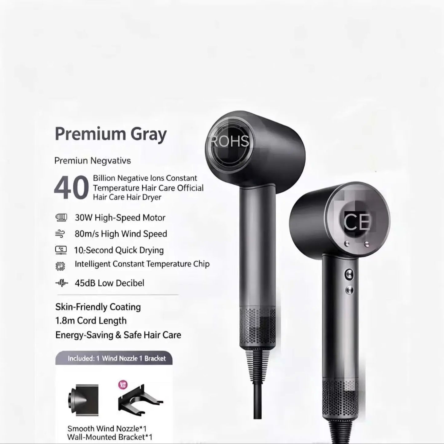 High Speed Hair Dryer 40M Negative Ions Constant Temp Fast Drying Low Noise Professional Salon Blow Dryer with Nozzles
