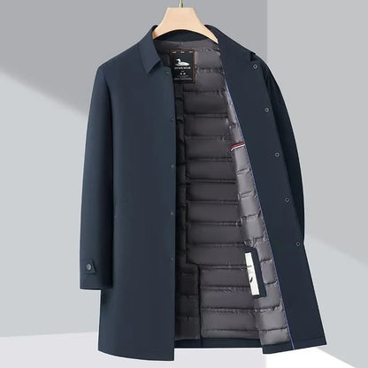 Luxury Brand Long Down Jacket Men's Winter Casual Thick Flip Collar White Duck Down Warm Parka Business Lightweight Trench Coat