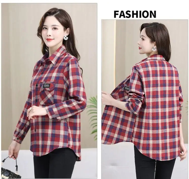 Loose Long Sleeve Mom Shirt Women's New Style Slimming Age-Defying Outerwear Versatile Early Autumn Plaid Outfit  Collar