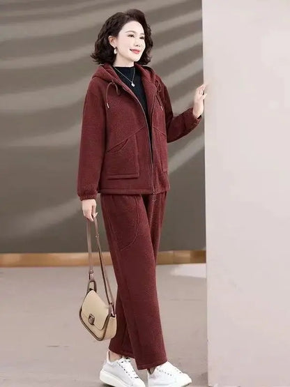 Winter Thickened Large Size Mid-aged Casual Two-piece Set Fleece-lined Comfortable Commute Style High Waist Long Pants