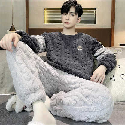 Higher Quality Thickened Warm Plus Size Men’s Pajamas Autumn and Winter Student Nightwear Striped Youth Sleepwear Homewear