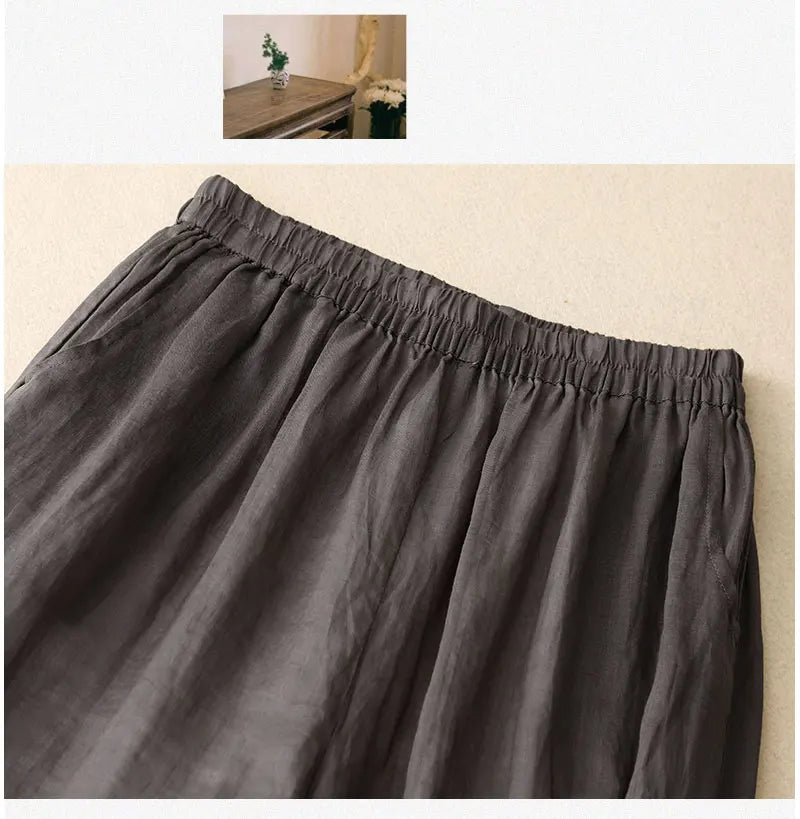 Gray Cotton Linen Casual Elastic High Waist With Lining Women's Pants Wide Leg Ankle-Length Pants For Women Clothing Fashion