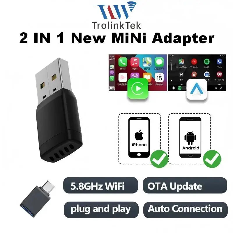 Wireless CarPlay Android Auto 2IN1 Type-C USB Wired to Wireless CarPlay Android Auto Adapter Bluetooth for VW Audi Volvo Toyota