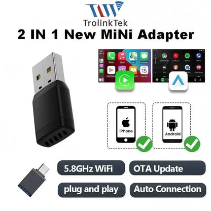 Wireless CarPlay Android Auto 2IN1 Type-C USB Wired to Wireless CarPlay Android Auto Adapter Bluetooth for VW Audi Volvo Toyota