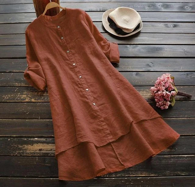 Women's Long Cotton Linen irt Blouse Top Pure Color Stand Collar Button Sve Polyester Fiber Mid-Length Gored Hem