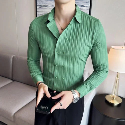 Men's Solid Color Long-Sleeved Shirt Fashionable Elegant Double-Breasted Ball Nightclub Tops Striped Lapel Shirt