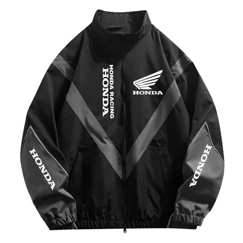 Honda Men's High Street Style Patchwork Color Black Windproof Jacket with Honda Logo Outdoor Leisure Sports Spring Coat