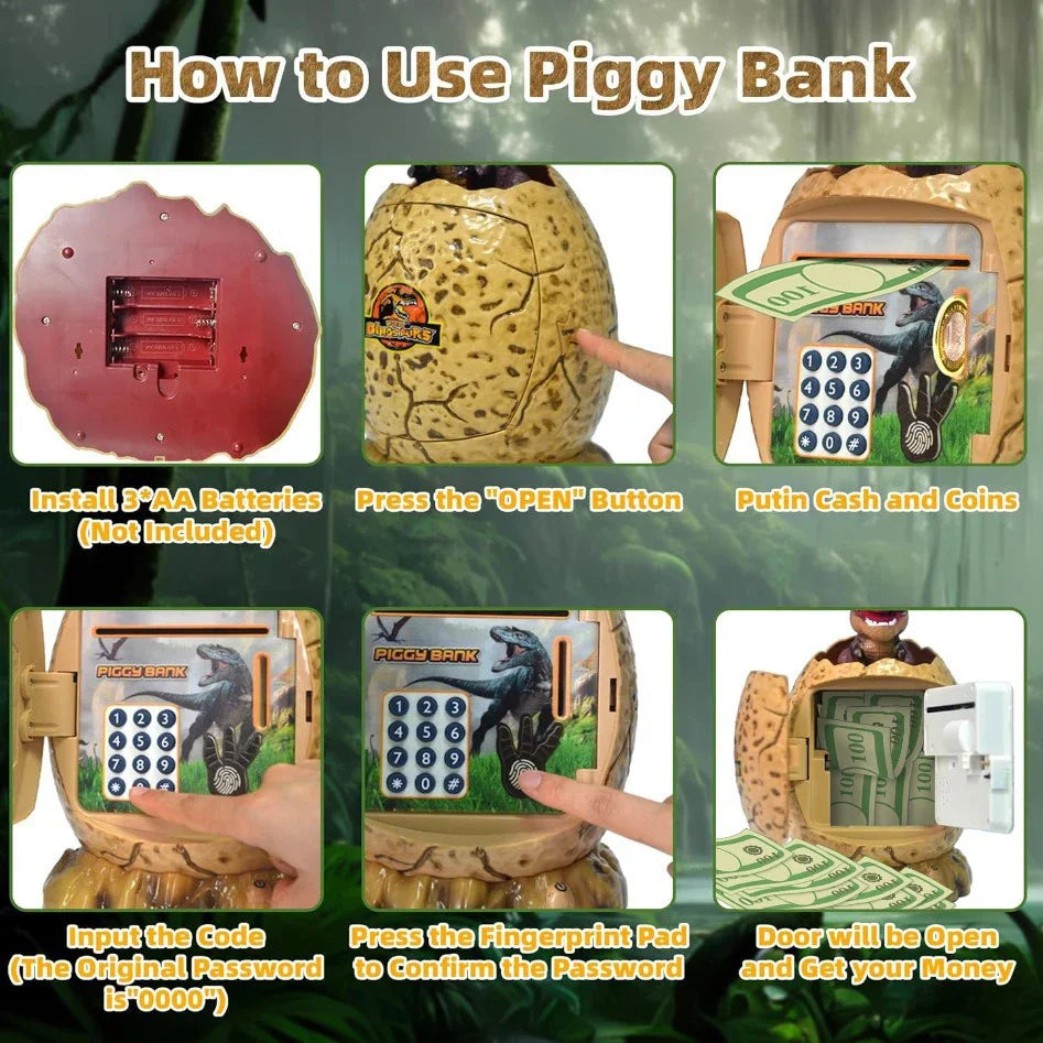 Fingerprint Password Lock Kids Dinosaur-egg Saving Money Coin Safe Box with LED Light Piggy Bank Toys Saving Money Coin Safe Box