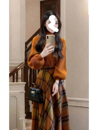 Retro Knitted Sweater Skirt Set Women's Plaid  Skirt Long Sleeve round Neck Two-Piece Suit Autumn Fashion Casual Wear