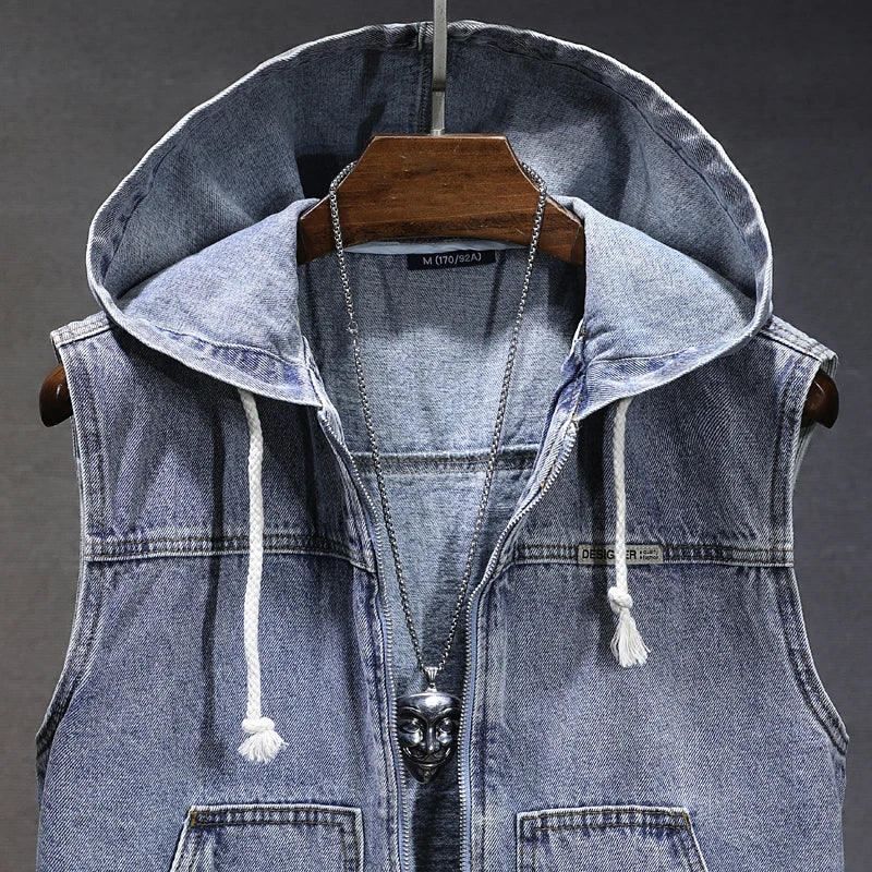 New Men's Loose Workwear Denim Vest with Hood Sleeveless Everyday Versatile Shoulder Pad Jacket Casual Unisex Outerwear