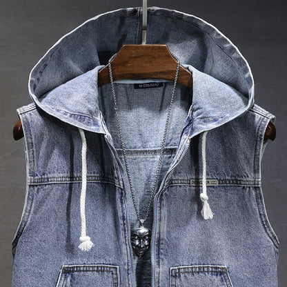 New Men's Loose Workwear Denim Vest with Hood Sleeveless Everyday Versatile Shoulder Pad Jacket Casual Unisex Outerwear