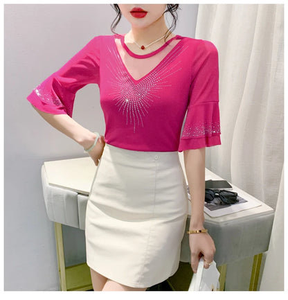 Sexy Hollow out Mesh Seven Quarter Sleeve Fashion Trend Summer T-Shirt Women Slimming Versatile Top Half Sleeve Small Shirt