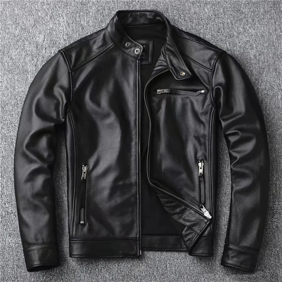 Genuine Cow Leather Men Jacket Short Stand Collar Biker Motorcycle Coat Fashion Slim Real Leather Casual Outerwear