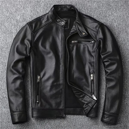 Genuine Cow Leather Men Jacket Short Stand Collar Biker Motorcycle Coat Fashion Slim Real Leather Casual Outerwear