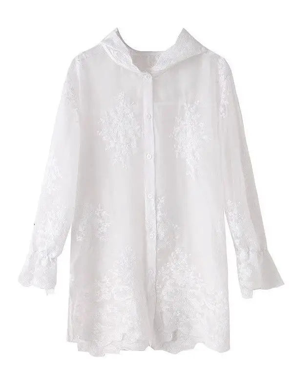 Elegant Thin Lace Hat Shirt Women's Loose Fit Summer 2025 plus Size Slimming Korean Style Long Sleeve Button up