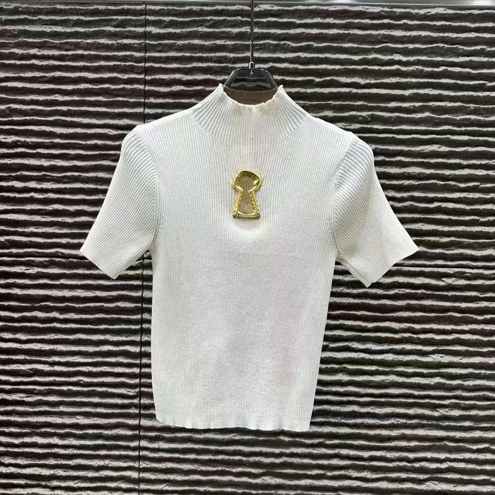 Spring Summer Solid Spliced Metal Buckle Slimming Knit Tshirt For Women Turtleneck Sleeveless Minimalist T Shirt Female Fashion
