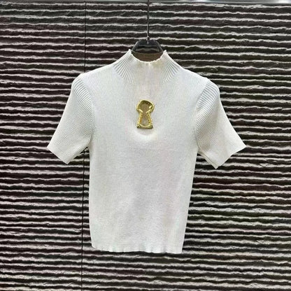 Spring Summer Solid Spliced Metal Buckle Slimming Knit Tshirt For Women Turtleneck Sleeveless Minimalist T Shirt Female Fashion