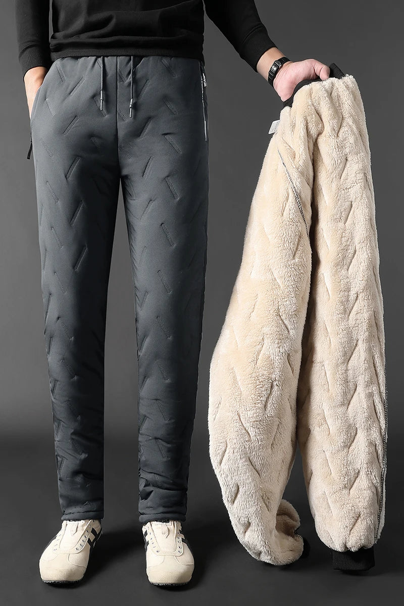 Winter Zip Pockets Thicken Fleece Sweatpants Men Jogger Black Down Sport Warm Pants Male Water Proof Thermal Trousers