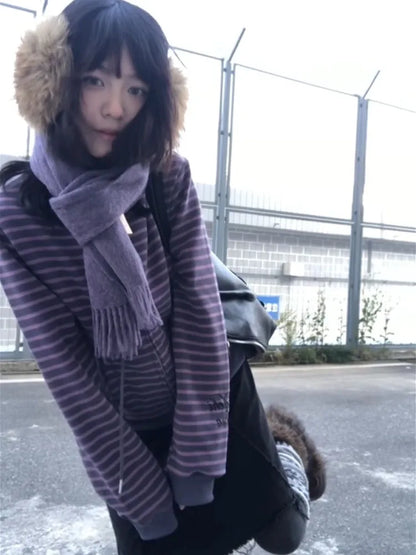 Retro Y2K Purple Striped Zipper Hoodie Women's Autumn Winter Letter Embroidery Casual Stand Collar Cardigan Jacket