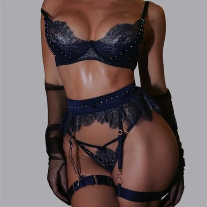 Women's Lingerie Sets Luxury Sequin Bra Belt Thong 3PC with Leg Circles Luxury Tulle Women Intimate Underwear