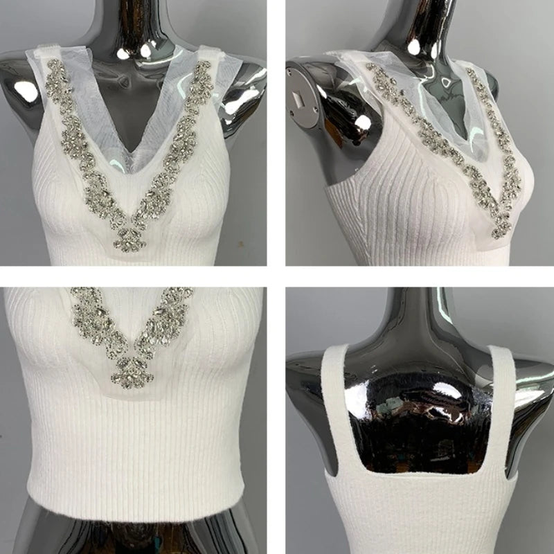 Korean Dongdaemun Rhinestone Knit Crop Top Sexy Slim Fit Versatile Solid Color Camisole Fashion Short V-neck Knitted Tank Tops