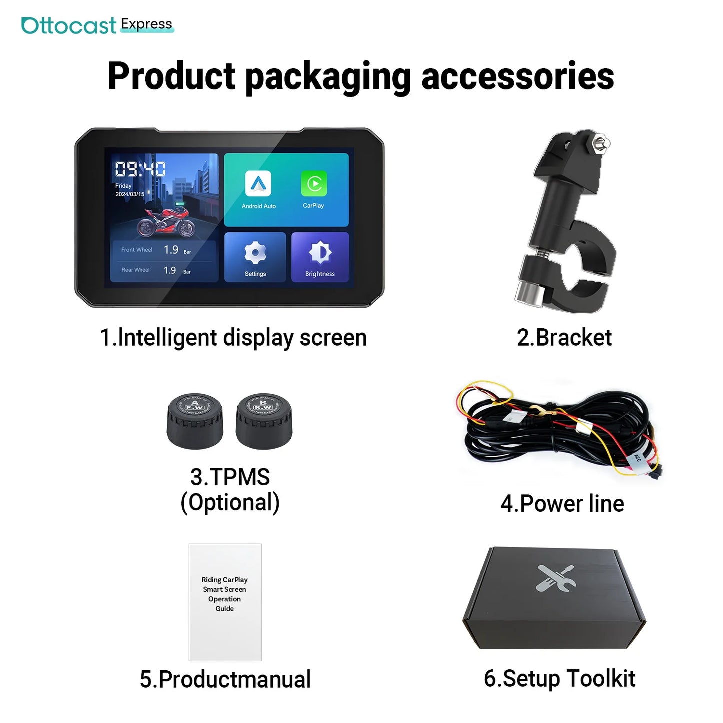 Ottocast Express Motorcycle Display 6.0 inch IP67 Waterproof GPS Wireless Carplay Android Auto DVR Drive Recorder Moto Monitor