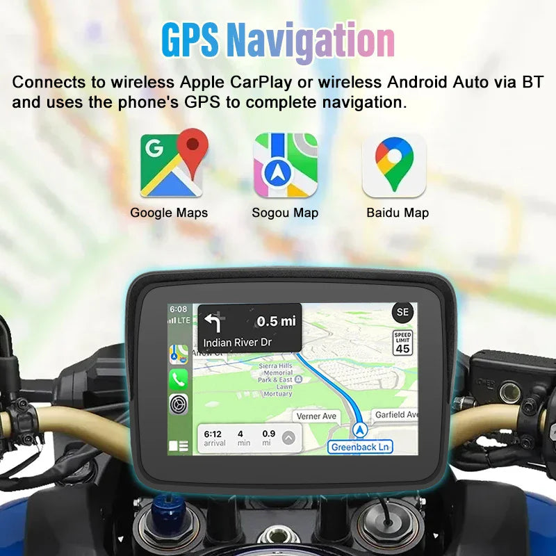 GPS Navigation Motorcycle GPS Waterproof IP67 GPS Nivigator with Carplay Display Motorcycle Wireless Android Auto GPS Navigator