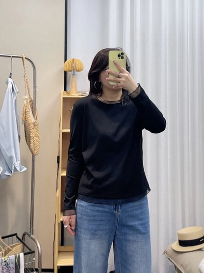 Spring New plus Size round Neck Mesh Splice Loose Long Sleeve Base Shirt Women Fat MM Slimming Belly Cover Simple T-shirt